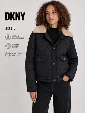 DKNY crop quilted stylish Streetwear  black Jacket with Faux Fur Trim/size L